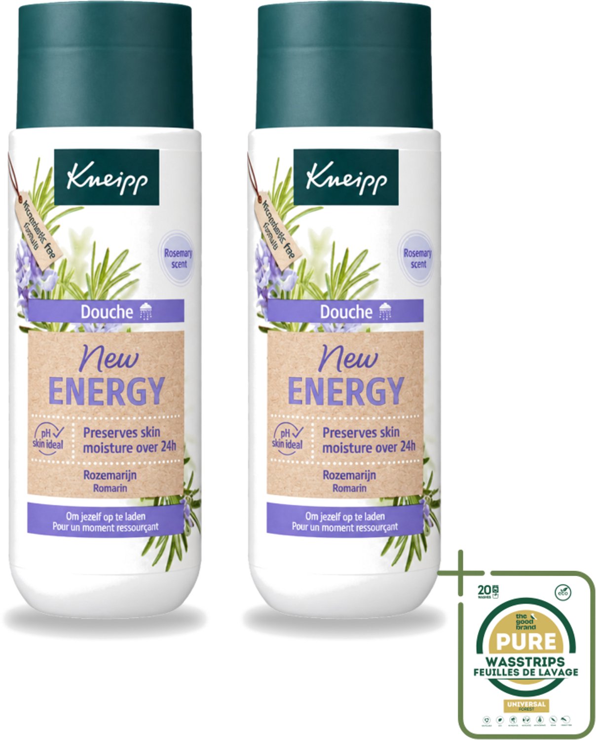 2 x Kneipp - Douchegel - New Energy - Energieke Geur - 200 ml - Wasstrips - Douchegel - Energie - Rozemarijn - Natuurlijke Geur - Hydraterend
