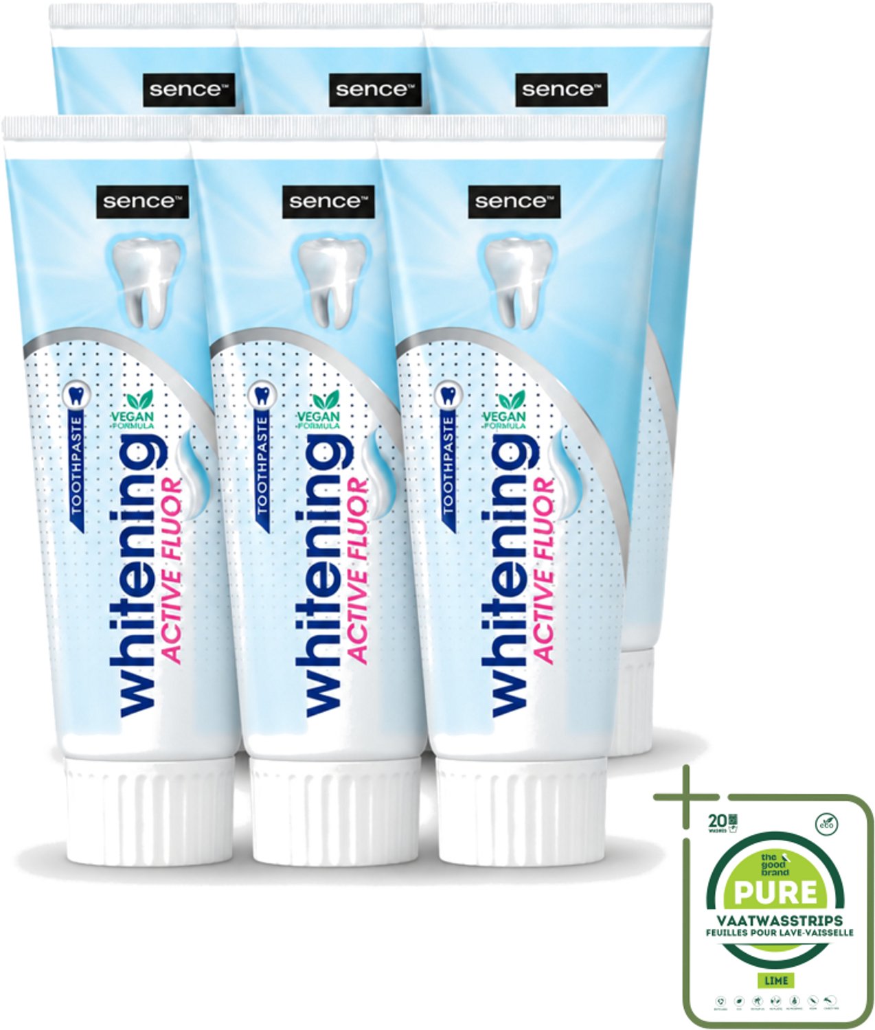 6 x Sence - Whitening - Tandpasta - Met Fluor - 75 ml - Grootverpakking - Vaatwasstrips - Witte Tanden - Tandpasta - Fluoride - Tanden Verzorgen - Mintsmaak