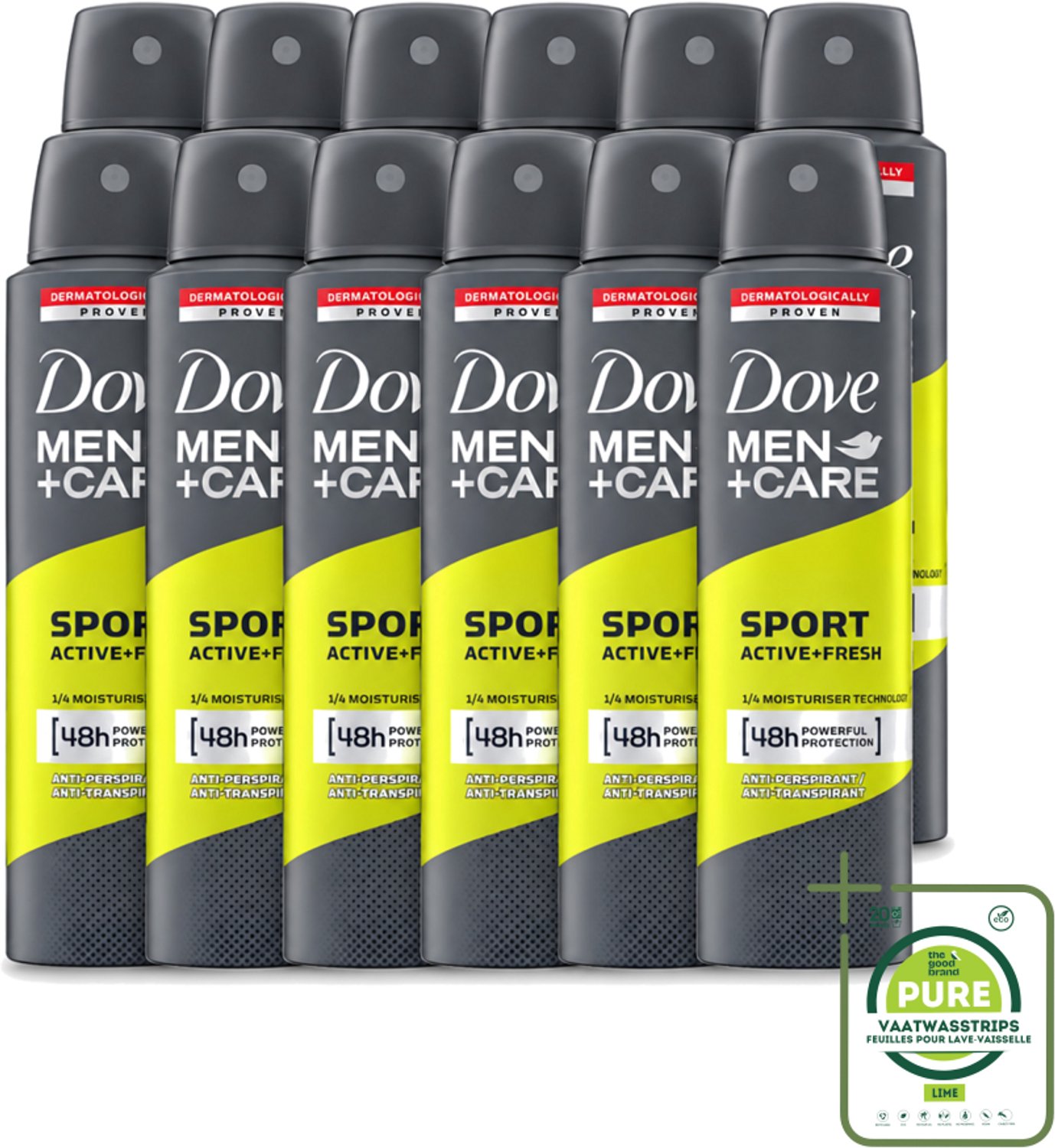 12 x Dove - Deodorant - Men Care Sport Active Fresh - Verfrissend en energiek - 150 ml - Grootverpakking - Vaatwasstrips - Sport Deodorant - Actieve Mannen - Zweetgeur Bestrijding - Frisse Geur - Huidbescherming