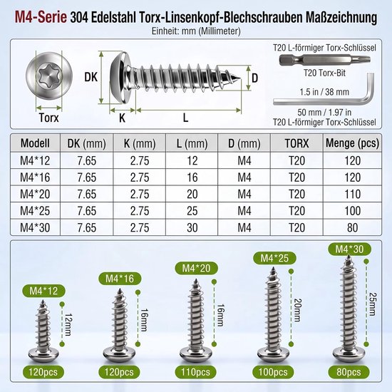 120 stuks plaatschroeven, M4 x 16 mm, zelftappende diefstalbestendige schroeven, roestvrij staal, torx-lenskopschroeven, roestvrijstalen schroeven, zelftappend — afbeelding 3