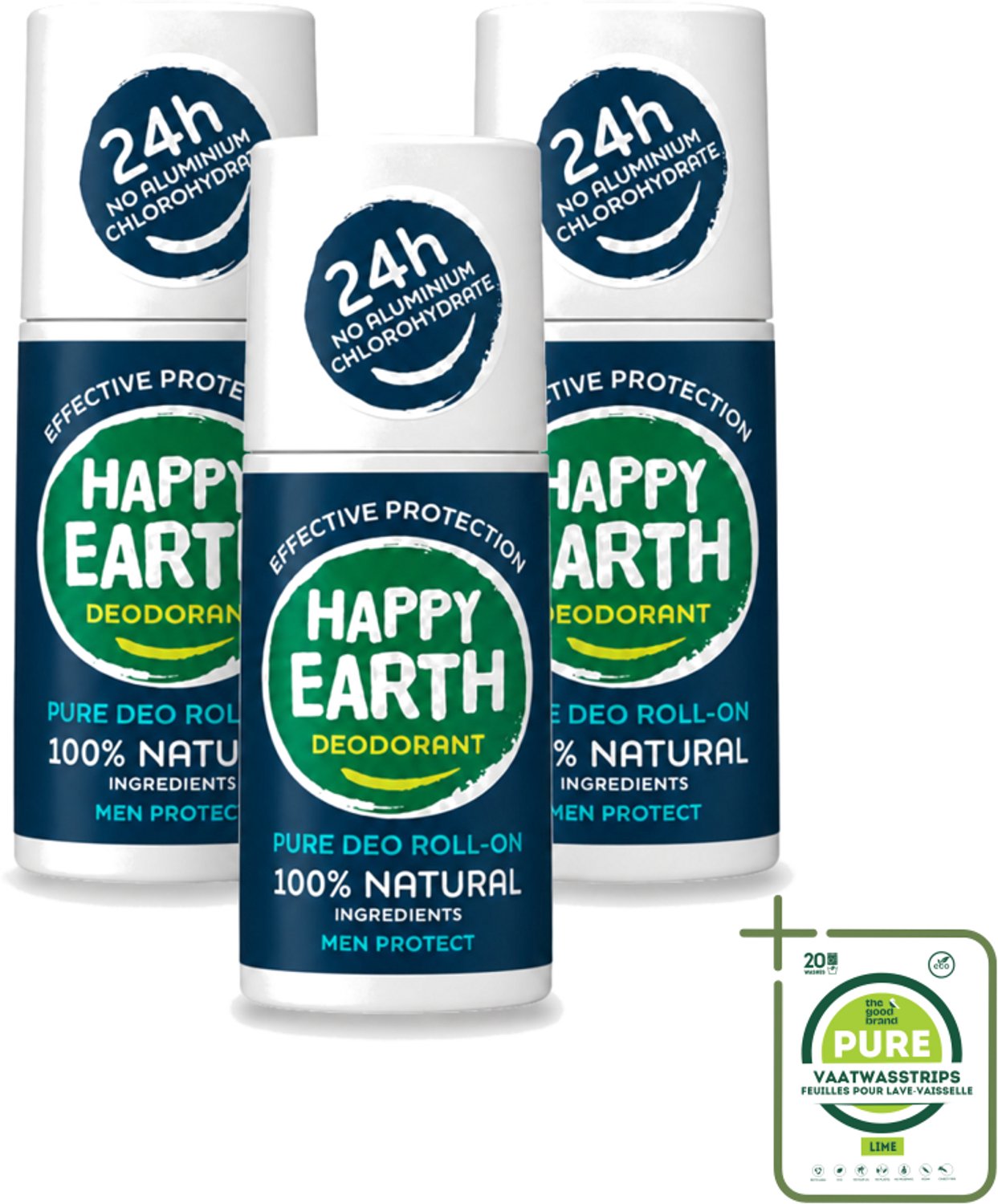 3 x Happy Earth – Deodorant Roll-On – 100% Natuurlijk Men Protect – 75 ml - Grootverpakking - Natuurlijke Deodorant Voor Mannen - Frisse Geur - Deodorant Zonder Aluminium - Huidvriendelijk - Vegan Deodorant