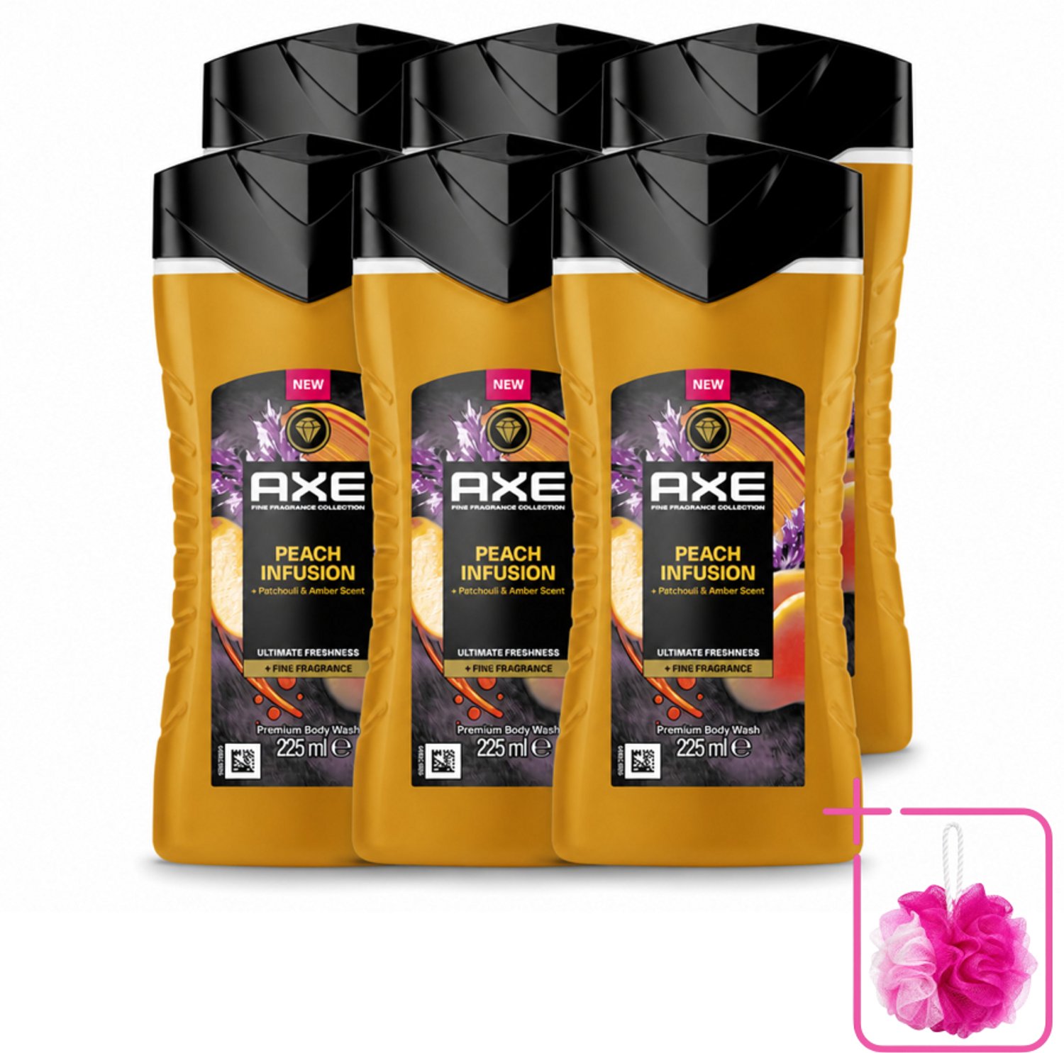 6 x Axe – Douchegel – Peach Infusion – 225 ml - Bulkverpakking - Douchegel - Douchemop - Fris ruiken