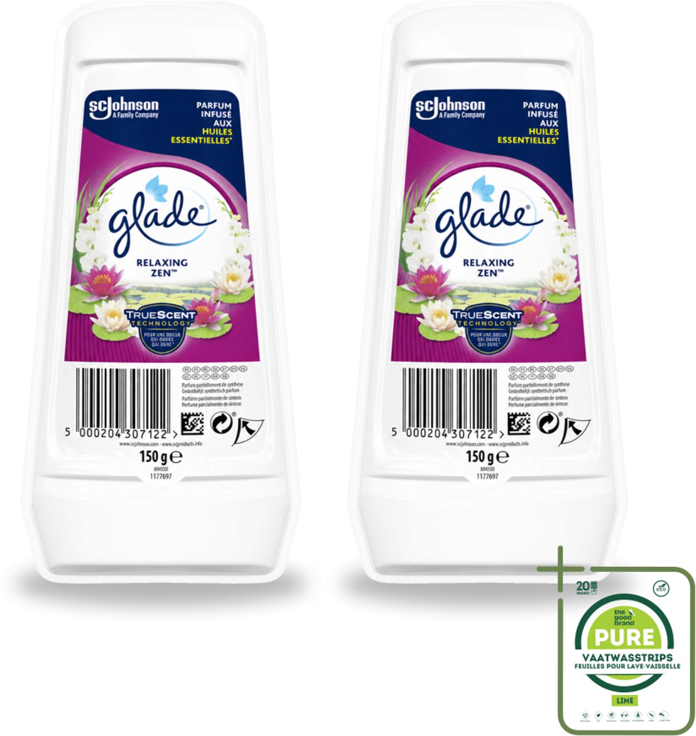 2 x Glade – Luchtverfrisser Gel – Relaxing Zen – 150 g - Grootverpakking - Vaatwasstrips - Luchtverfrisser - Ontspannende Geur - Frisse Geur - Geur Neutraliseren - Essentiële Oliën