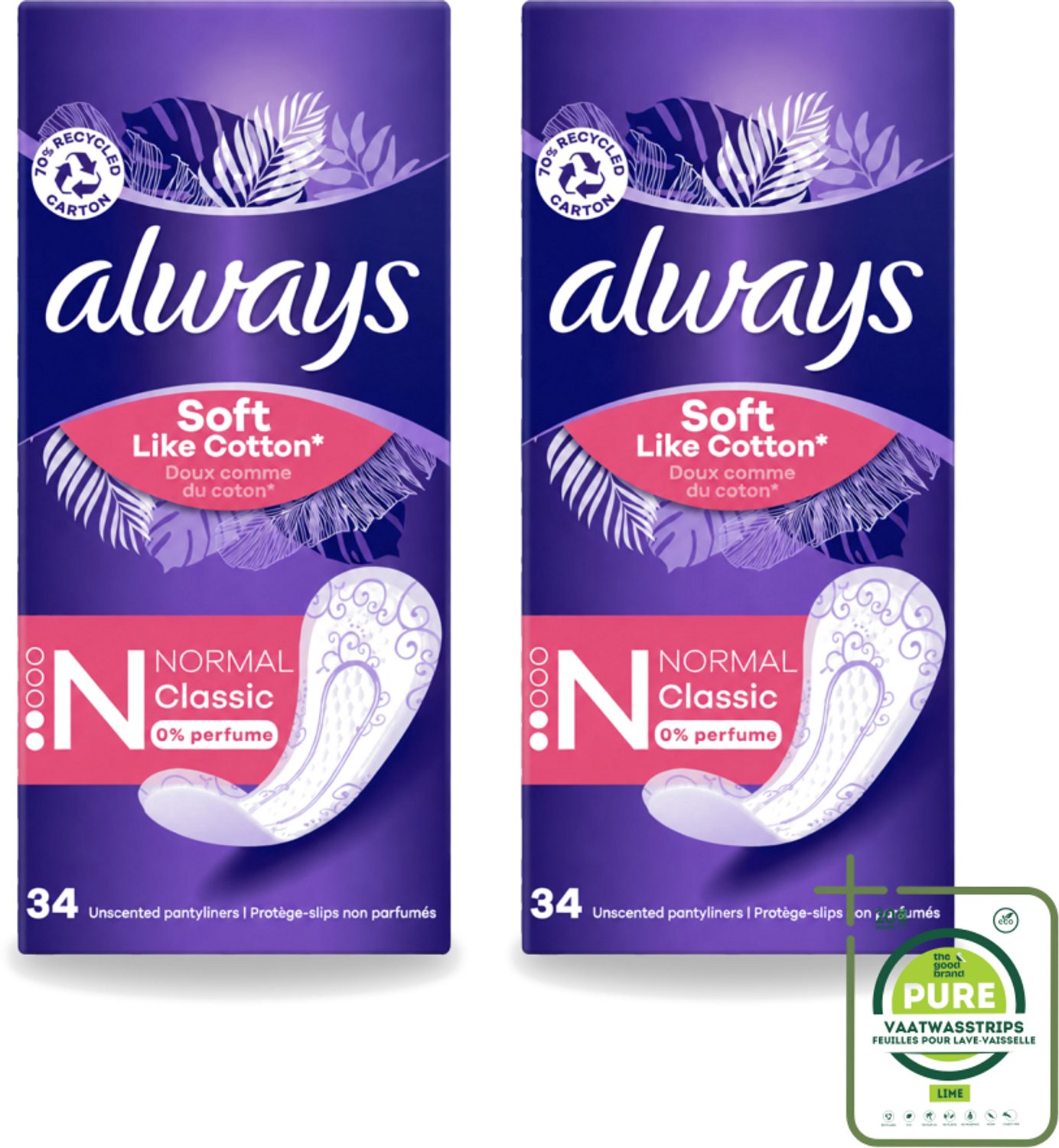 2 x Always – Inlegkruisjes – Discreet Normal – 34 stuks - Grootverpakking - Vaatwasstrips - Inlegkruisjes - Inlegkruisje - Hygiëne - Afscheiding - Urineverlies