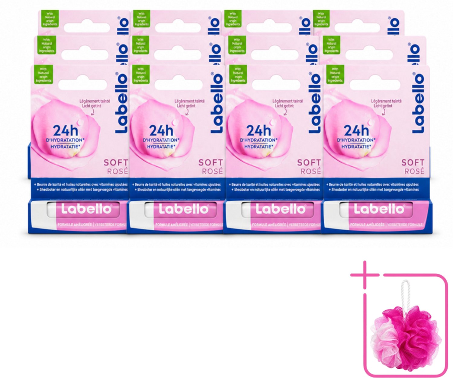12 x Labello – Lippenbalsem – Soft Rosé – Lippenbalsem – 24H Hydratatie - Bulkverpakking - Hydraatende lippenbalsem - Douchemop - Roze lippenbalsem