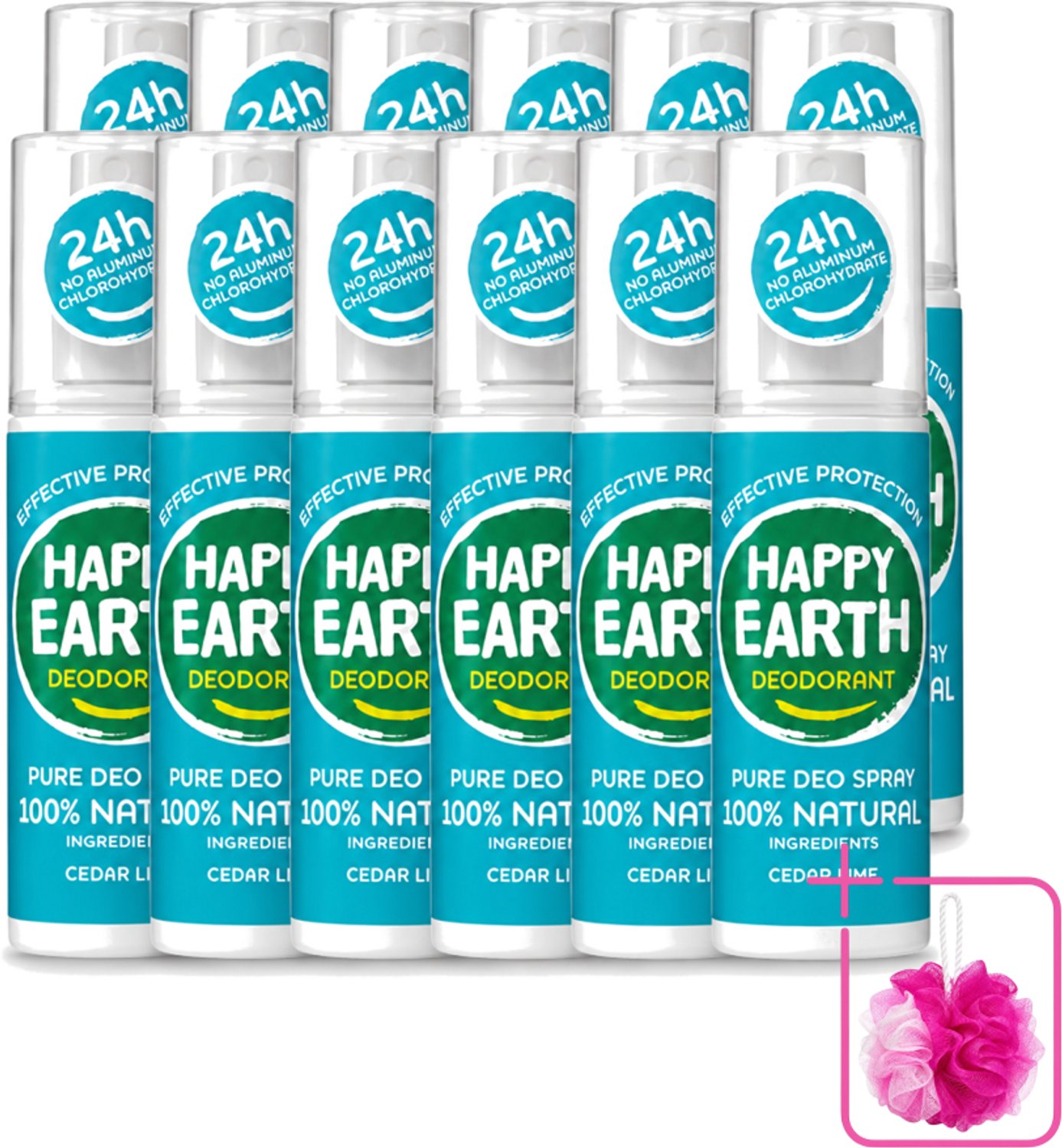 12 x Happy Earth – Deodorant Spray – 100% Natuurlijk Cedar Lime – 100 ml - Bulkverpakking - Deodorant spray - Douchemop - Fris geur