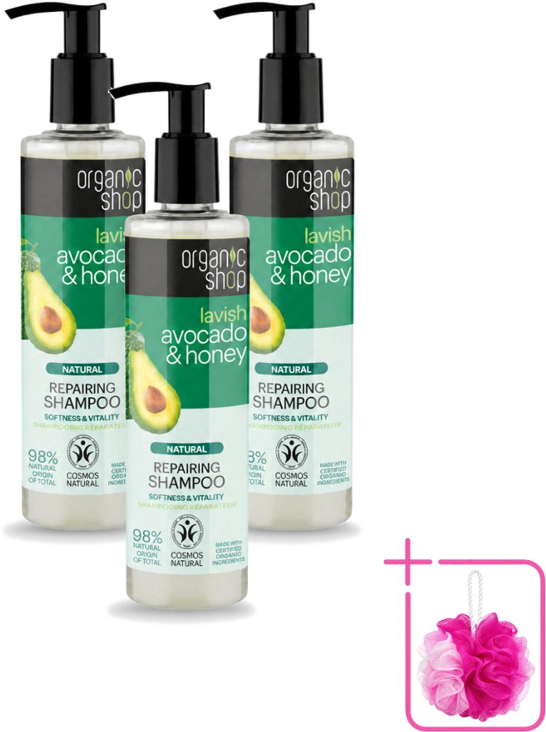 3 x Organic Shop - Natural Repairing Shampoo - Avocado & Honey - Hydraterend en Herstellend - 280 ml - Bulkverpakking - Natuurlijke shampoo - Douchemop - Avocado en honing
