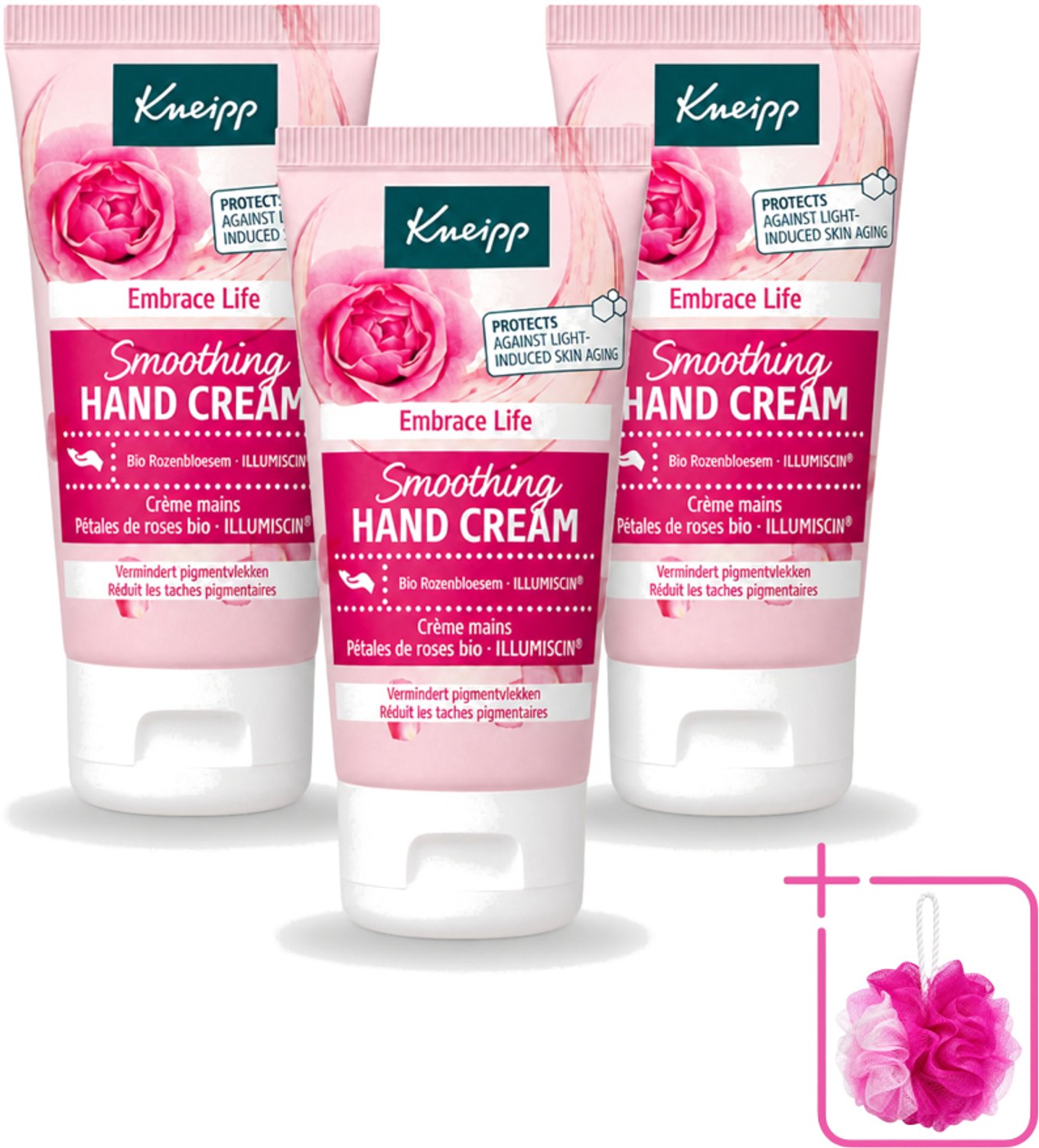 3 x Kneipp - Handcrème - Embrace Life - Anti‑Aging (ILLUMISCIN) - 50 ml - Bulkverpakking - Handcrème - Douchemop - Anti-ouderdom