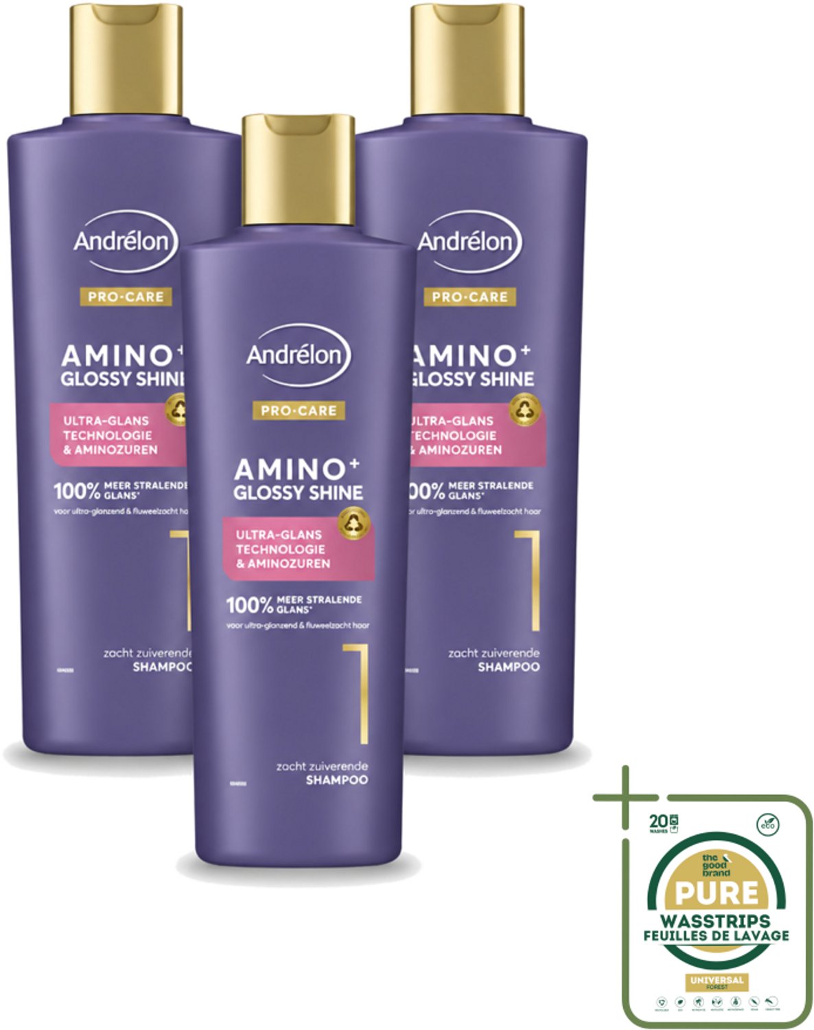 3 x Andrélon – Shampoo – Pro Care Amino+ Glossy Shine – 250 ml - Wasstrips - Haarverzorging - Glans Haar - Zachtheid Haar - Shampoo Voor Dof Haar - Aminozuren Shampoo