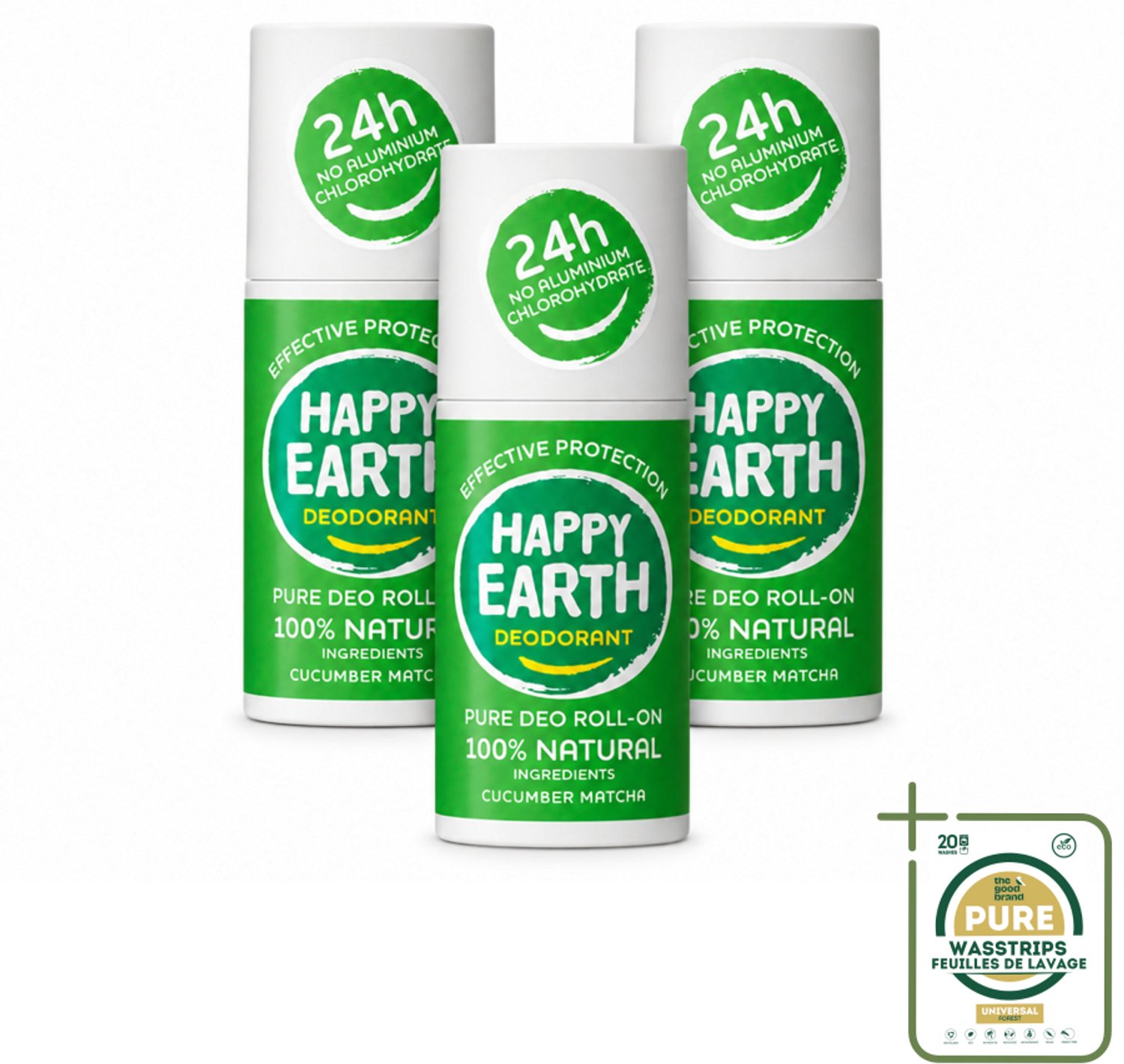 3 x Happy Earth – Deodorant Roll-On – 100% Natuurlijk Cucumber Matcha – 75 ml - Natuurlijke Deodorant - Cucumber Matcha - Geur - Roll-on Deodorant - Gevoelige Huid