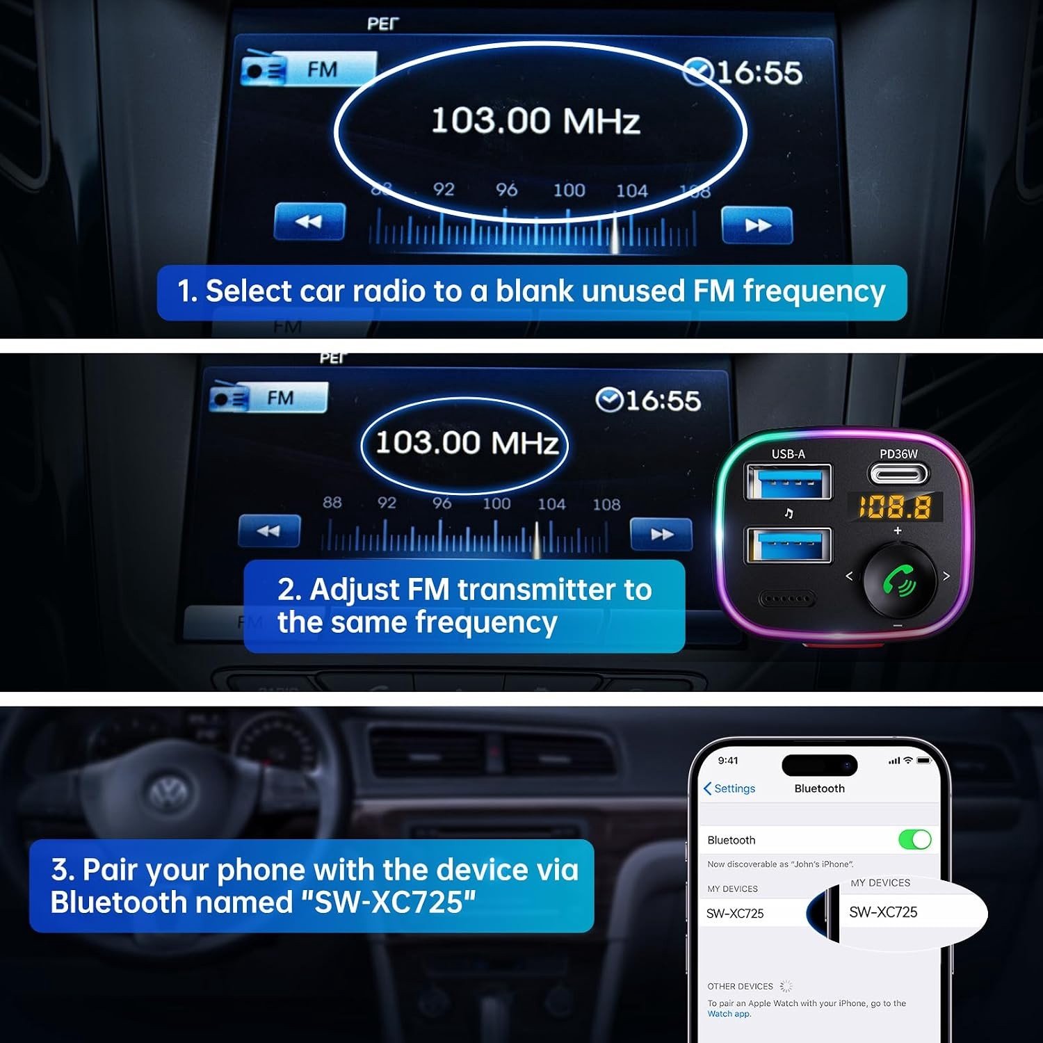 Bluetooth FM Transmitter en Auto Lader met Dubbele USB Poorten, 48W Snelladen en LED Display voor Draadloze Radio Ontvangst en 64GB USB Stick met Lichtschakelaar – foto 7