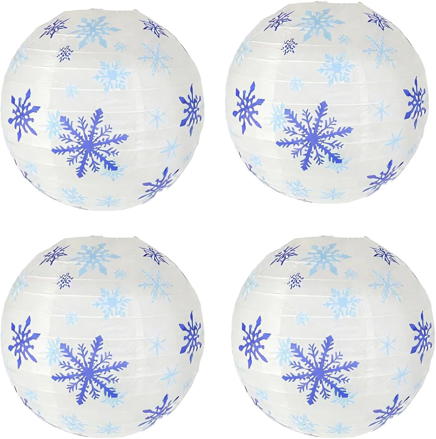 Herbruikbare Papieren Lantaarns met Sneeuwvlokpatroon - 4 Stuks voor Kerstfeest en Themapartijen (Blauw en Wit)