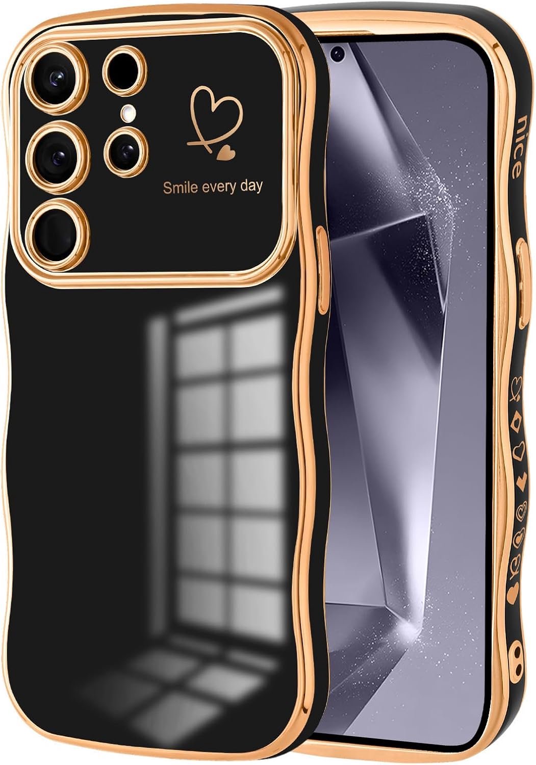 Beschermhoes voor Samsung Galaxy S24 Ultra 5G, mooi, golvend frame, hartpatroon, dunne galvanisatie, TPU, zacht, flexibel, schokbestendig, zwart