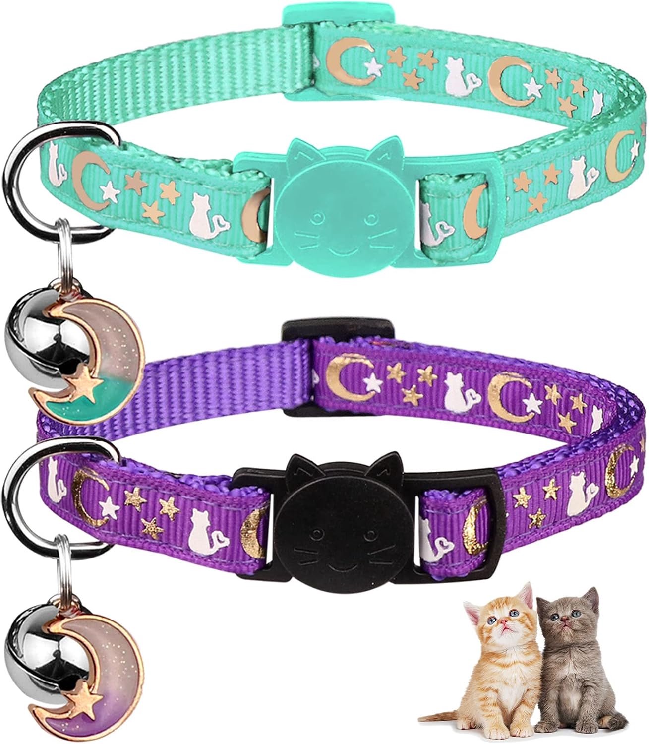 2 STKS Breakaway Kattenhalsbanden met Bell Moons Sterren Leuke Kitty Verstelbare Veilige Kitten Halsbanden met Hanger Glow in The Dark (Paars & Teal)