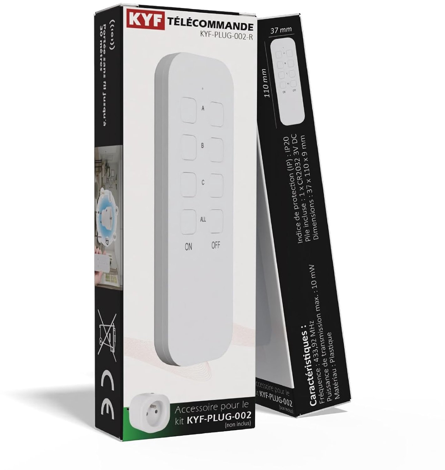 Afstandsbediening radio frequentie KYF, compatibel met KYF-PLUG-001 en KYF-PLUG-002 stopcontact, bereik 30 m, IP20, CR2032 3 V batterij