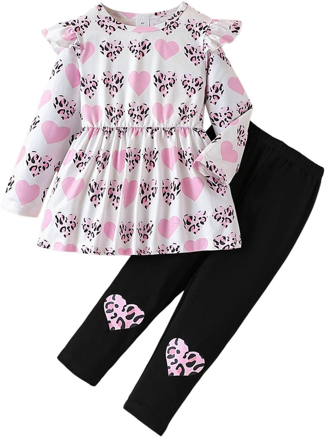 Générique Outfit voor meisjes, top met lange mouwen en broek, luipaardprint en hart, casual en comfortabele speelkleding voor peuters