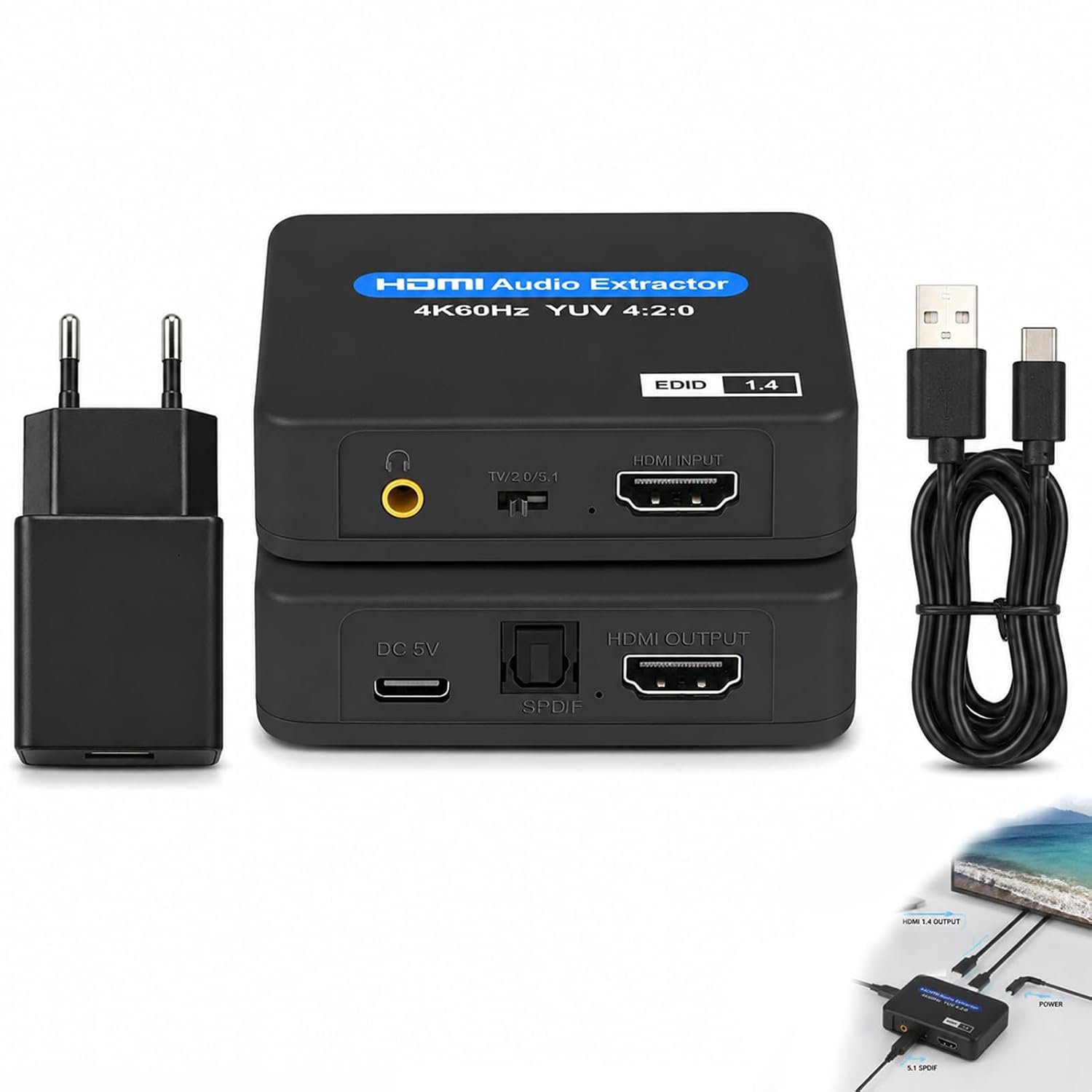 HDMI Audio Extractor, HDMI Audio Converter 4K 60Hz, SPDIF Toslink, 3,5 mm Jack, Video Converter Met EDID 2.0 5.1, Splitter Adapter Compatibel met TV Stick Console PC Projector