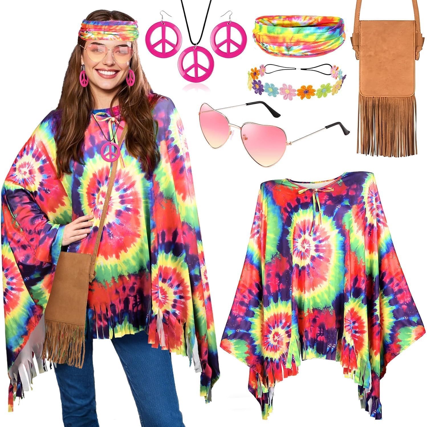 Hippie Kostuum voor Vrouwen en Tieners - Bohemian 70s Retro Outfit met Festival Accessoires en 60s Vintage Elementen
