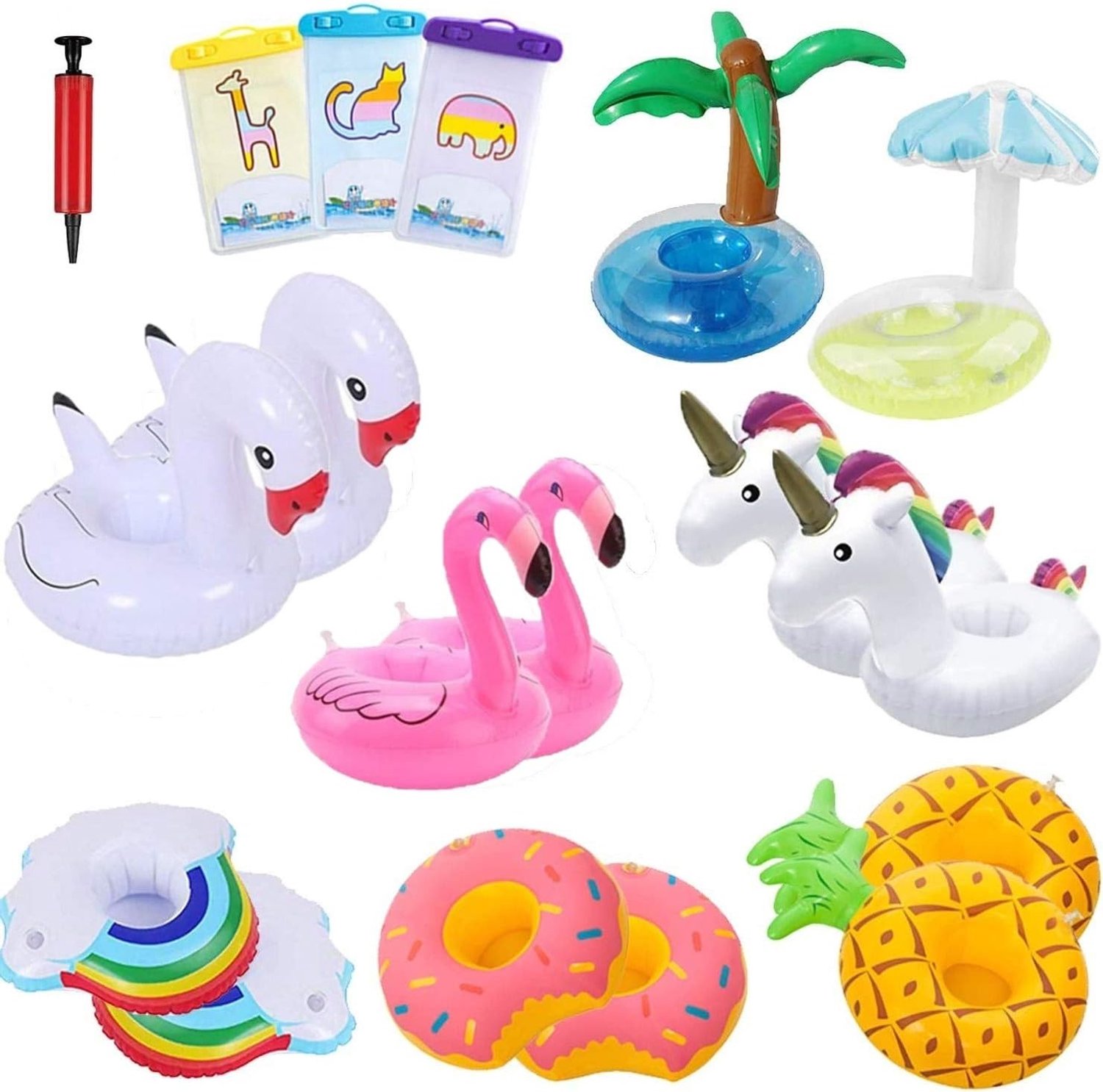 14 Stuks Opblaasbare Drinkhouders met 3 Telefoonhouders, Waterdichte Tas en Pomp, Ideaal voor Zwembad, Bad Speelgoed en Foto Props
