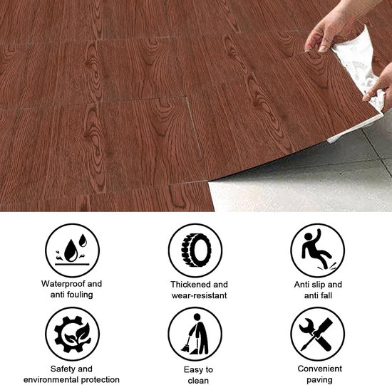 22 stuks 30 x 30 cm, vloerstickers met imitatiehout, houten vloer, pvc-stickers, keuken, slaapkamer, gang, vloer, achtergrond, muur, waterdicht, vochtbestendig, huishoudelijk zelfklevend (roodhout) — afbeelding 5