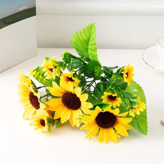 Real Touch Kunstmatige Zonnebloem met Stengels voor Huisdecoratie, Perfect voor Balkon en Eetkamers, Gemakkelijk Te Buigen Om in Elke Vaas Te Passen Materiaal: Zijden Doek (7 filiaal) — afbeelding 2
