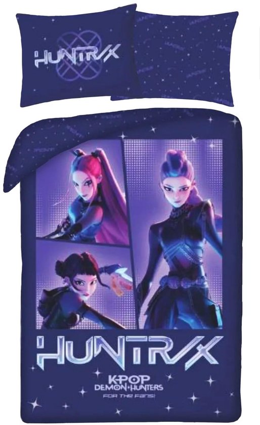Donkerblauw K-Pop Demon Hunters Huntrix eenpersoons dekbedovertrek met geanimeerde personages en sterrenprint.