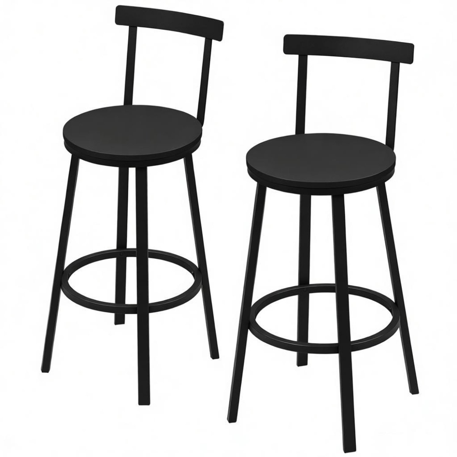 SONNENH Barkrukken set van 2 - Zwart MDF zitvlak - Metalen frame met rug en voetenring - Zithoogte 65 cm