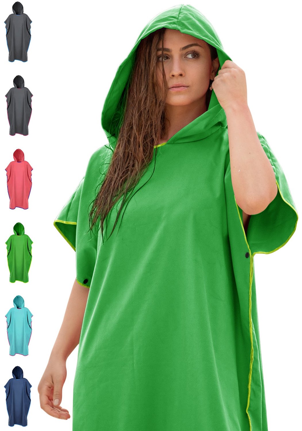 NirvanaShape - Handdoekponcho - Badjas en omkleeddoek - Pluisvrije en sterk absorberende microvezel - Uniseks loose-fit met capuchon - 117 x 85 cm - Groen / Groene Rand