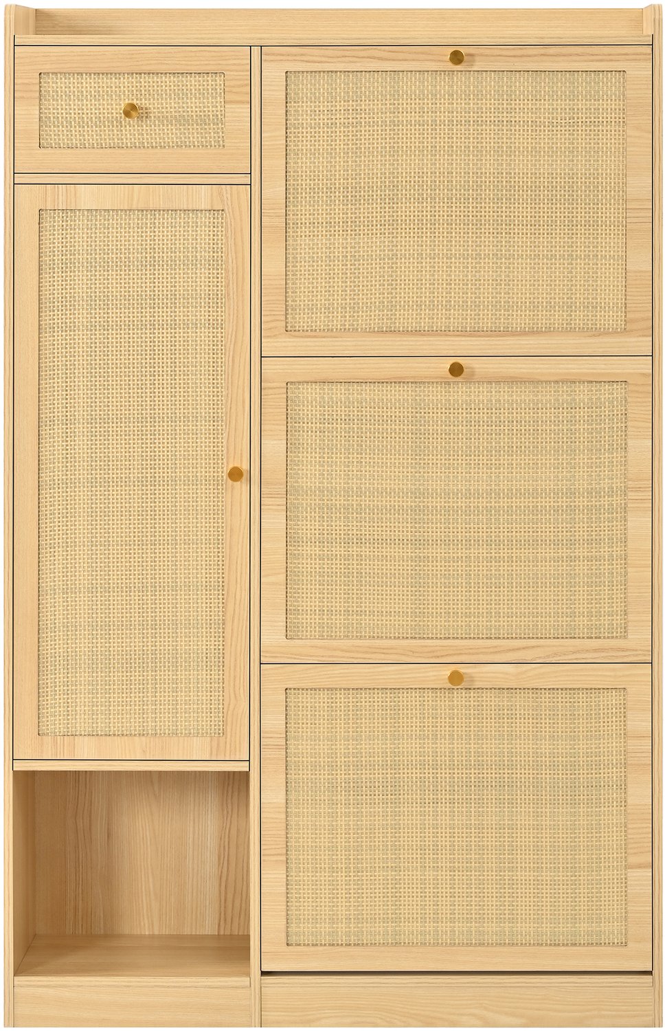 SONNENH Schoenenkast met rotanlook - 3 kleppen, lade en deur - Naturel houtlook - 80,5 x 25 x 125 cm