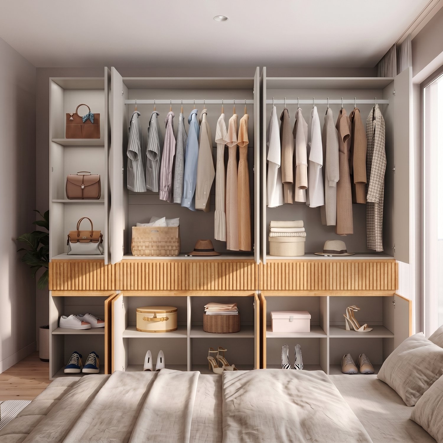 Merax Kledingkast 225×50×200 cm - 10 deuren - 2 hangstangen - 3 lades - licht eiken Hout