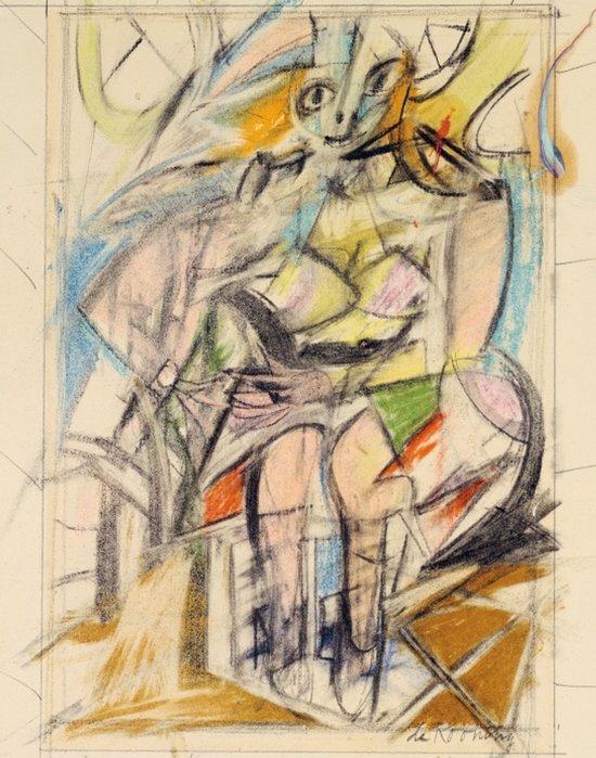 Abstracte schets in pastel met een zittende figuur in levendige geel-, roze- en blauwtinten, gesigneerd De Kooning.
