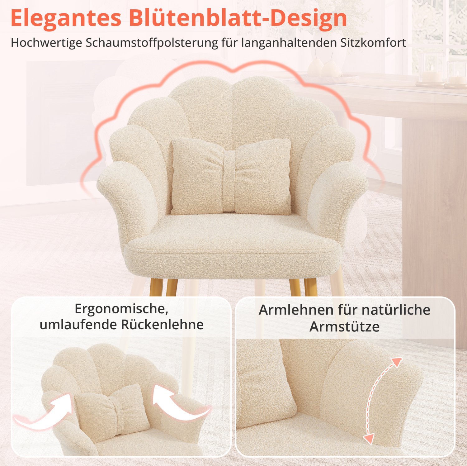 FloraGrace Eetkamerstoel - Set Van 4 Met Armleuningen En Bloemvormige Rugleuning - Teddystof - Eetkamer Of Slaapkamer - Metaal - Beige