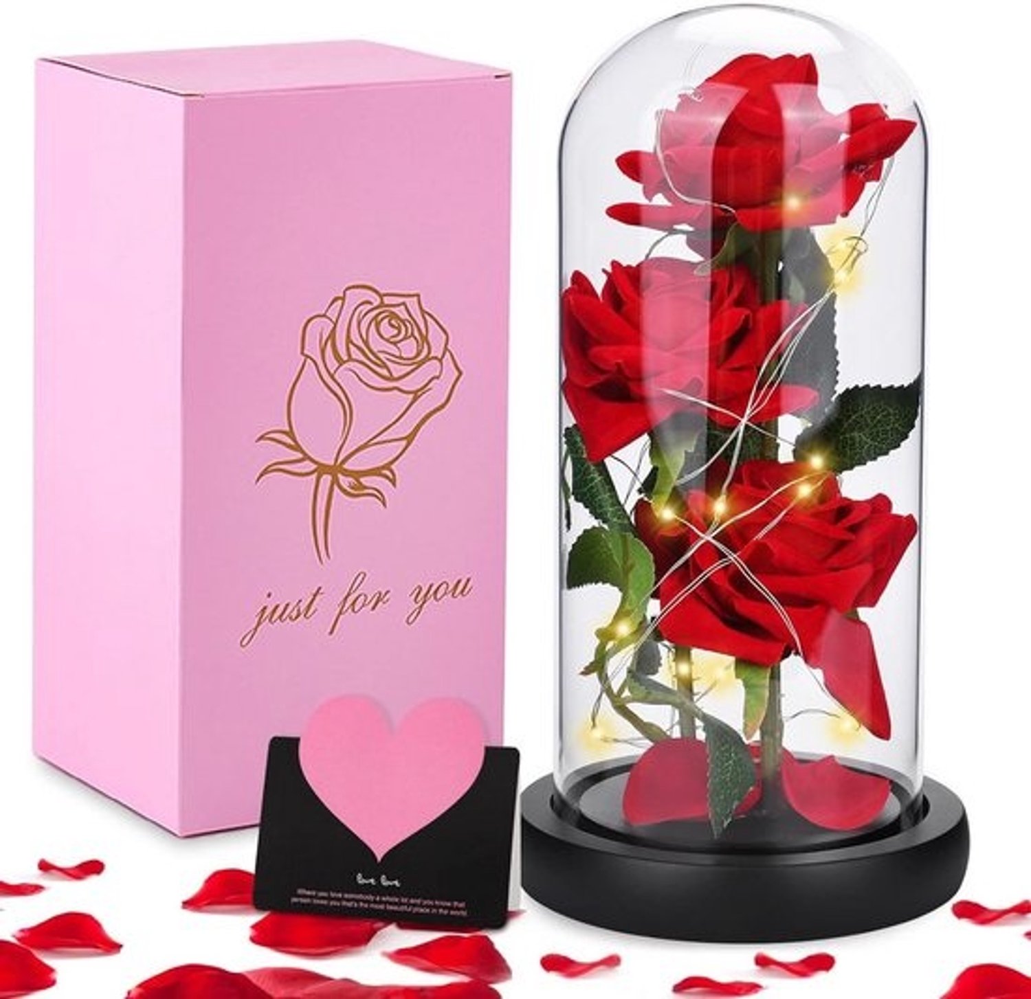 Roos in glas met LED-licht - Romantisch cadeau voor Valentijnsdag, Moederdag, trouwdag en jubileum