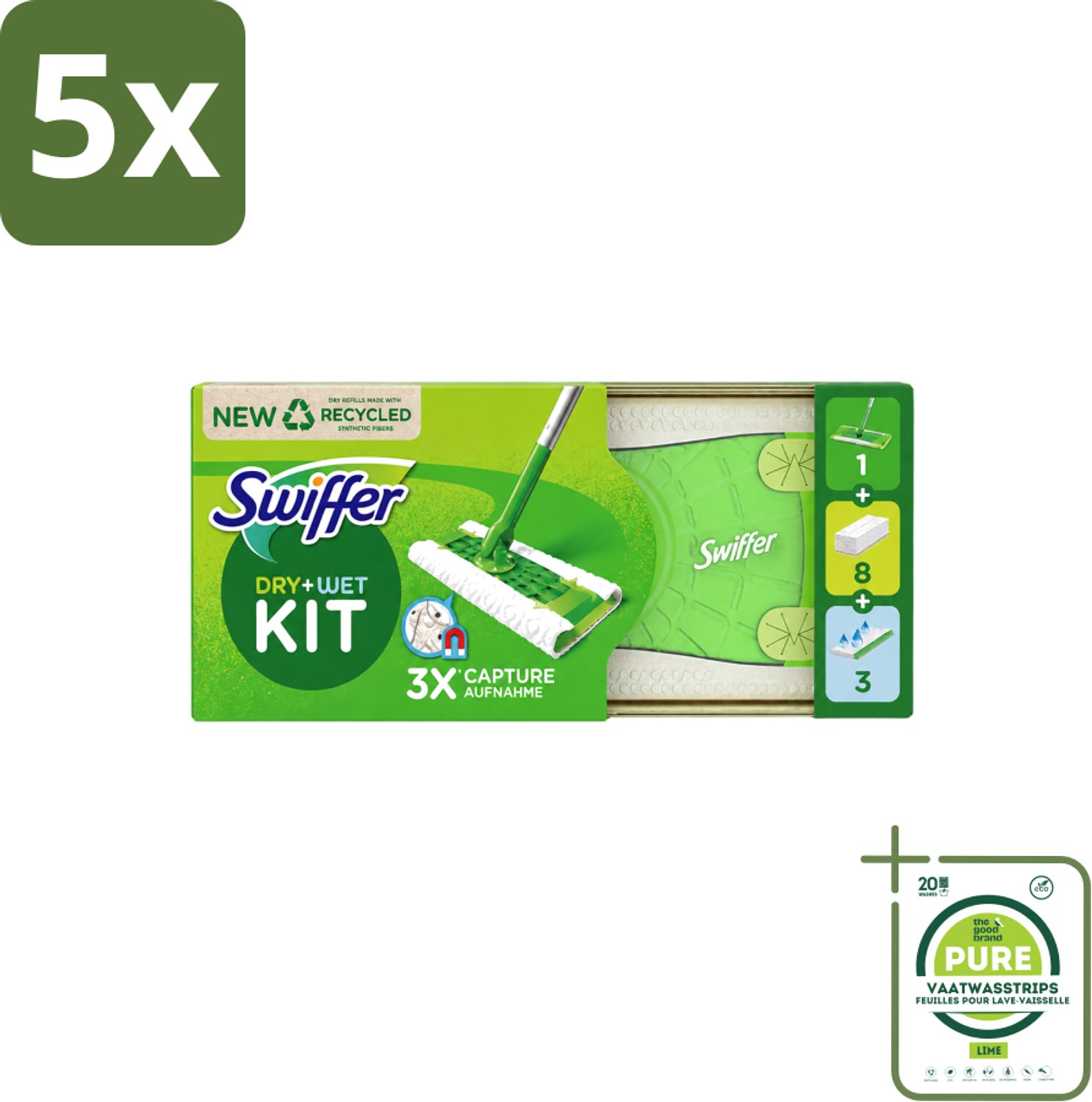 5 x Swiffer – Vloerreiniger – Starterkit – 1 dweil + 8 droge & 3 vochtige doekjes - Grootverpakking - Vaatwasstrips - Vloerreiniger - Schoonmaken - Stofzuiger - Droge Doek - Vochtige Doek