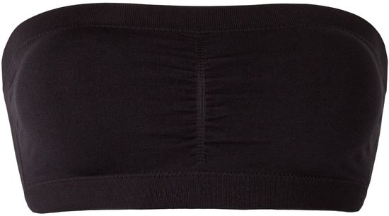 Zwarte naadloze bandeau-bh met geplooid detail in het midden.