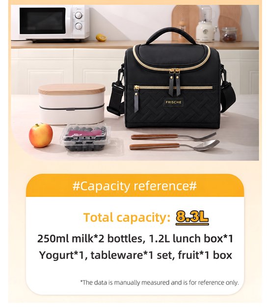 Rainbecom Lunchtas 8.3L - Koeltassen Zwart - Isolerende & Waterdichte 900D Polyester – Handvat Riem Lunch Bag - Verstelbare Schouderriem – Voor Werk, School, Reizen, Picknick - 24.8x16x21cm — afbeelding 3