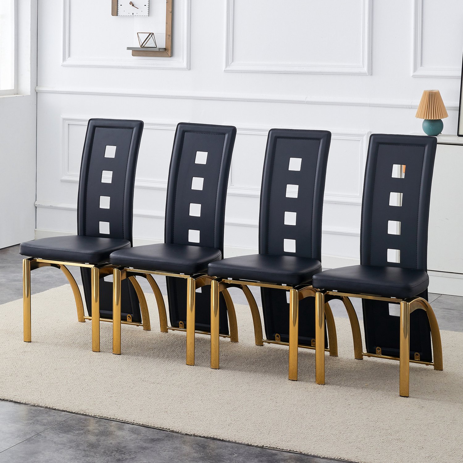 DESMIU Eetkamerstoel - Set Van 4 - Hoge Rugleuning Met Geometrisch Opengewerkt Patroon - Voor Eetkamer En Woonkamer - Kunstleer Zwart En Goud
