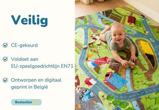 Baby op een veilige, CE-gekeurde boerderij speelmat, ontworpen en geprint in België.