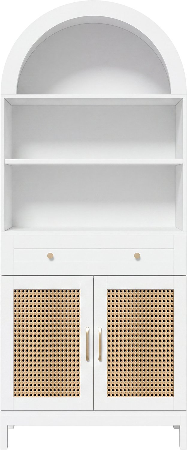 SONNENH Hoge opbergkast met boog, 3 open vakken, 1 lade en 2 rotanlook deuren - Wit - 70 x 40 x 170 cm