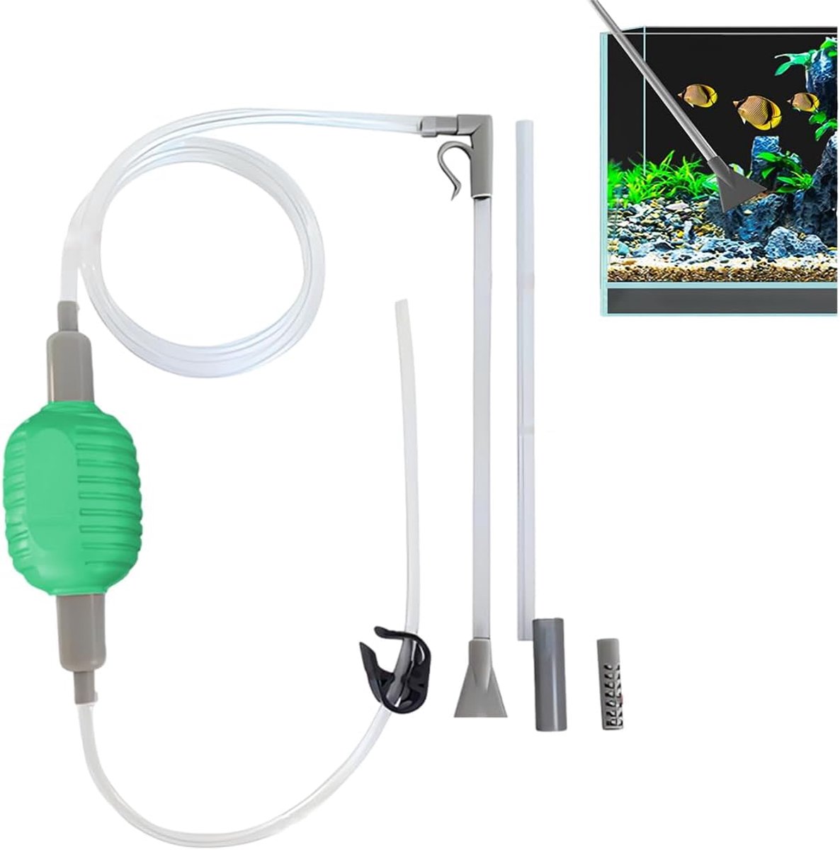 SnelShoppen - Sifonreiniger voor aquarium, handmatige waterwisselaar, kunststof, flexibele PVC-slang, voor zoet- en zoutwateraquaria, groen