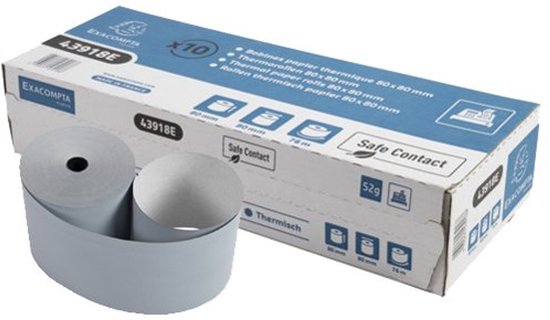 Doos met 10 thermische papierrollen 80x80mm van Exacompta, inclusief een uitgerolde witte papierrol.