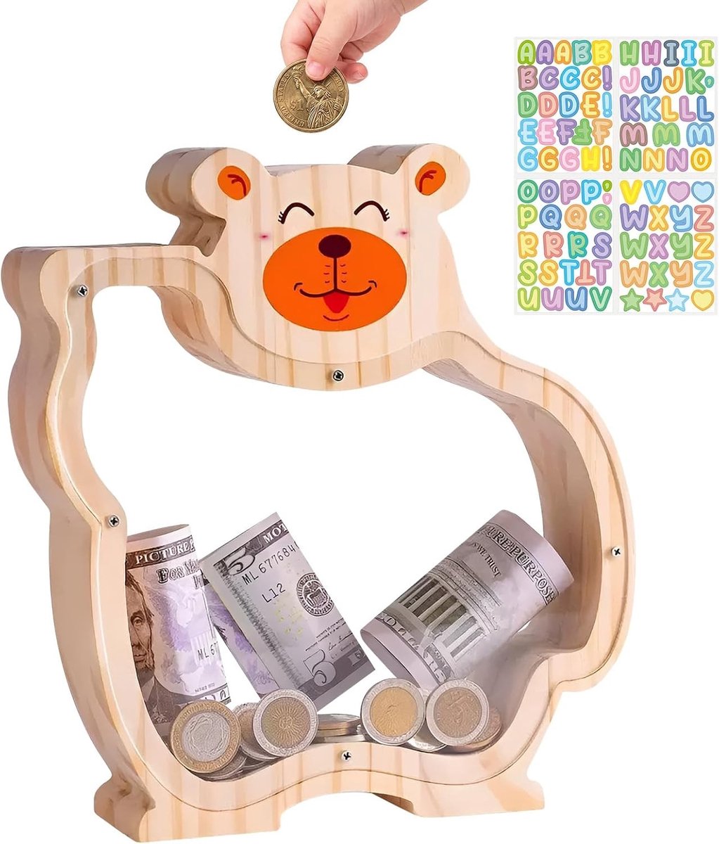 Houten spaarpot voor kinderen met schattig berenontwerp, ideaal voor sparen en leren omgaan met geld