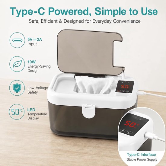 VHV - Babydoekjesverwarmer - Met nachtlampje - Energiebesparing - 5 temperatuurstanden - Voor thuis babyverzorging - Warme doekjes dispenser - Draagbare Doekjeswarmer - USB vochtige doekjesdispenser voor vochtige doekjes - Wit — afbeelding 4