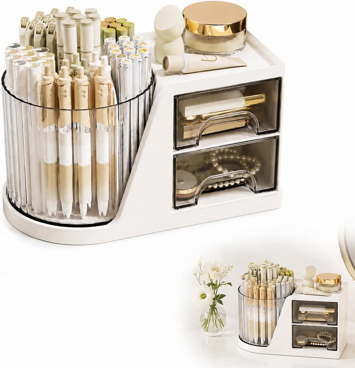 Bureau-organizer met 2 laden en 360° draaibare pennenhouder voor schrijfwaren en kantooraccessoires in wit