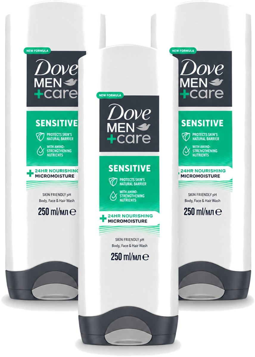 3 x Dove Men+Care - Sensitive - Douchegel 3-in-1 - Verzorgend - 250 ml - Voordeelverpakking - 3 stuks