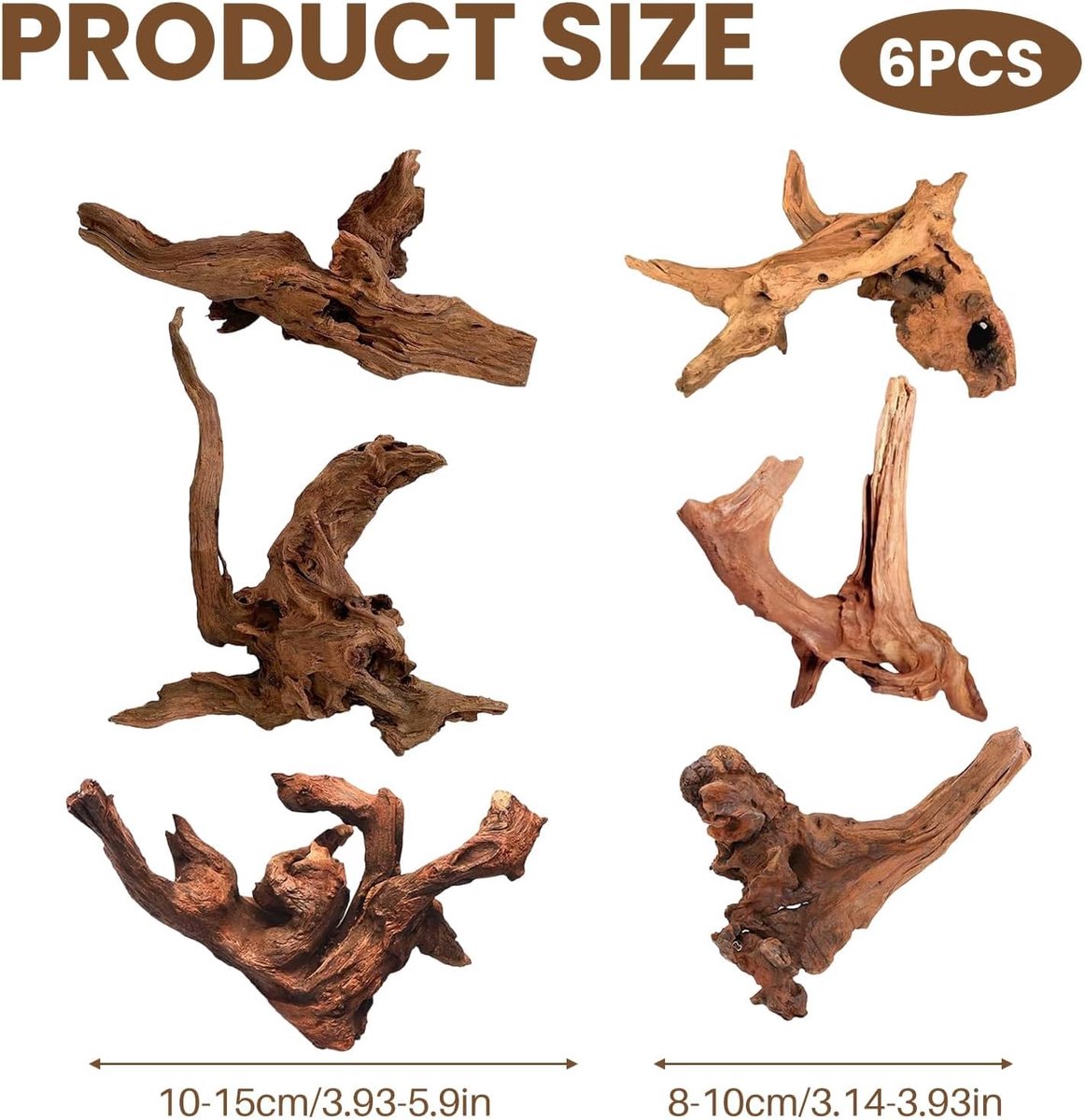 SnelShoppen - Pack van 6 Aquarium Root Natuurlijke Driftwood Decoratie voor Aquascaping, 8-15 cm, Hout voor Aquariums en Reptielen