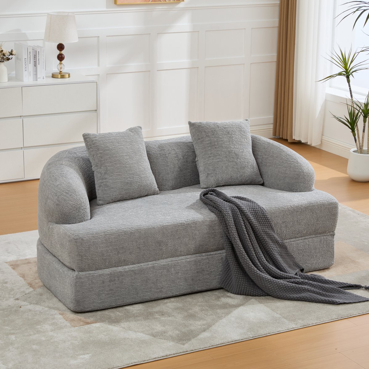 REDOM Slaapbank voor 2 personen - Opvouwbaar tot logeerbed - 2 rugkussens - Chenille bekleding - Lichtgrijs - 157 x 84 x 65 cm