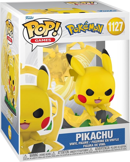 Pikachu Funko Pop! figuur (1127) met bliksem effect, in zijn originele verpakking.