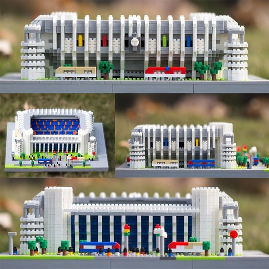 Verschillende aanzichten van het Bernabéu stadion model, met blauwe en rode voertuigen en gedetailleerde gevels.