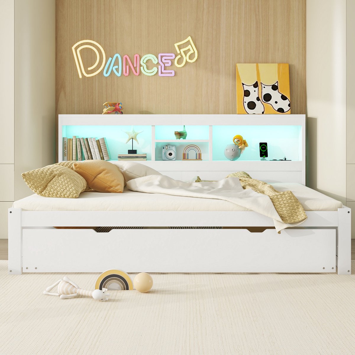 WUVRIE Bedbank 140x200 cm met uitschuifbed, LED-verlichting, opbergruimte, stopcontact en USB, wit